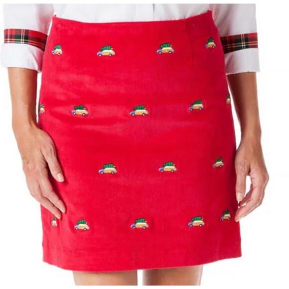 Castaway Nantucket Skirt Size 12 Red Corduroy Woody Christmas Trees Preppy Mini - Picture 1 of 12